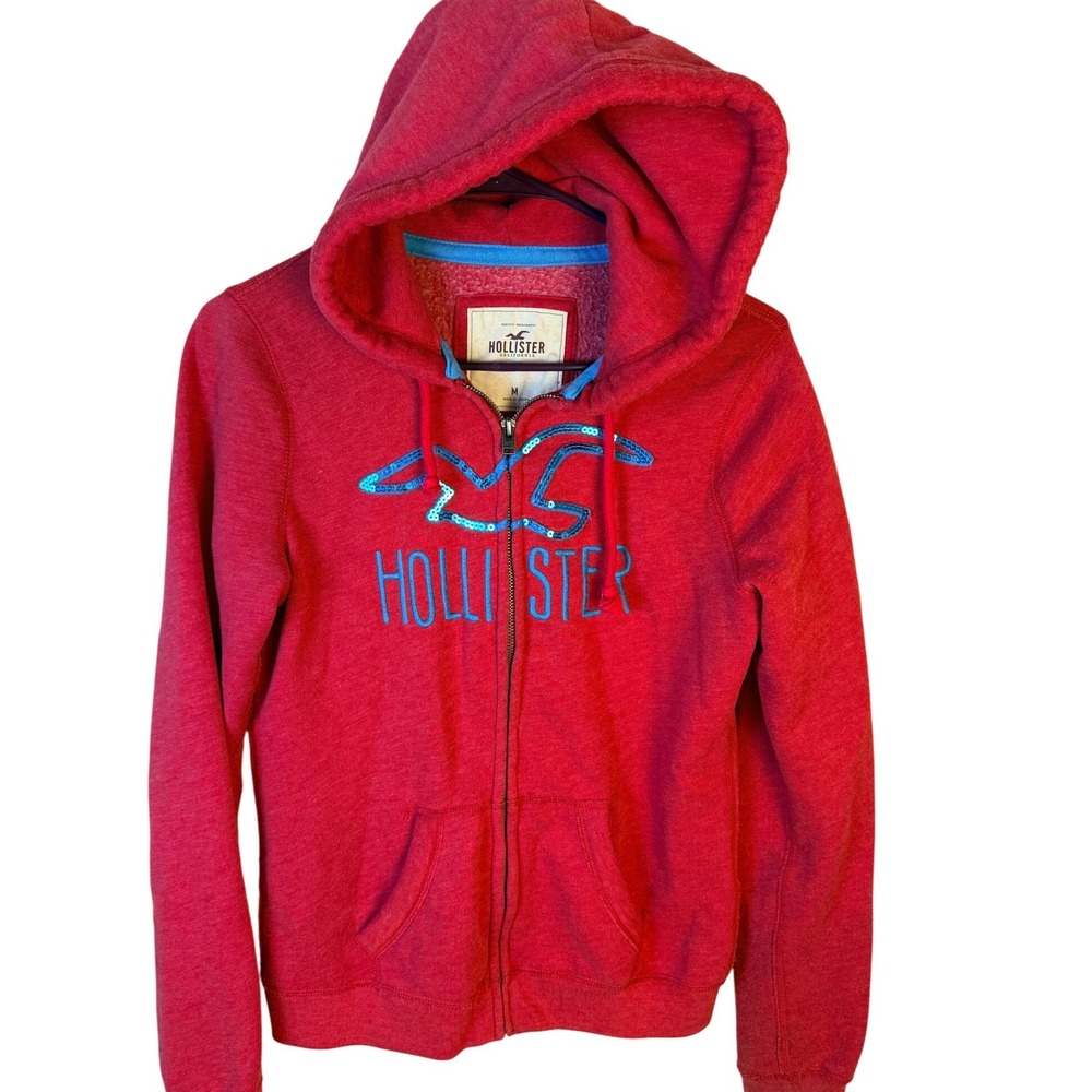 Hollister Womens Red Sequin Logo Full Zip Hoodie Sweatshirt Medium Y2K